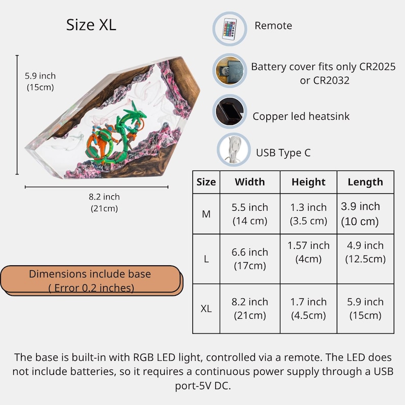 May include: A resin and wood display piece featuring a green dragon-like figure inside, measuring 8.2 inches by 5.9 inches. It includes a remote, a battery cover for CR2025 or CR2032, a copper LED heatsink, and a USB Type C port for RGB LED lighting.