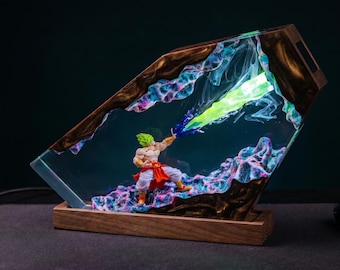 Epic Anime Warrior Resin Lamp, Energy Blast Diorama, Custom Epoxy Night Light, Gamer Desk Setup Decor, Unique Gift for Boyfriend