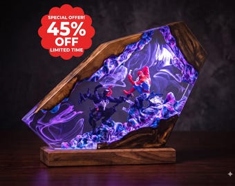 Superhero vs Symbiote Epoxy Resin Lamp | Handmade Night Light for Gamer Room | Comic Hero Diorama Desk Lamp | Unique Gift for Him