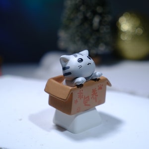 May include: A gray and white striped cat figurine peeks out of a small brown cardboard box. The box sits atop a white rectangular base. The box has red text and paw prints on it. The cat has large eyes and a cute expression.