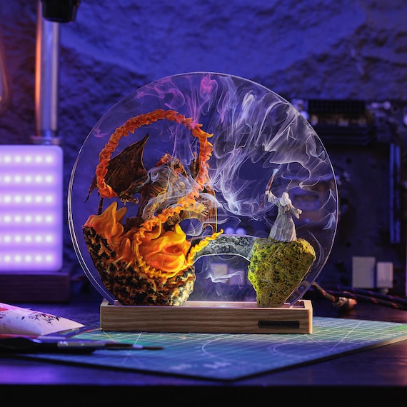 Gan.dalf - Bal.rog Epoxy Resin Lamp, Custom Anime Night Light, Japanese Table Lamp, Resin Wood Lamp, Desk Lamp, Handcrafted Gifts