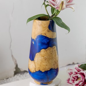 Vase Wood Resin Epoxy, Custom Handmade Vase Epoxy Flower Decor, Turquoise Vase Art Home Decor, Modern Rustic Home Decor, Father&#39;s Day Gift