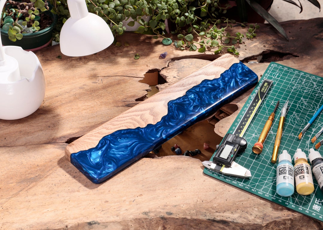 Dark Blue Artisan Wrist Rest, Resin Keyboard Wrist Rest, Custom Wooden