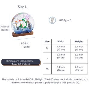May include: A circular resin diorama featuring a green dragon and orange figures on a wooden base with RGB LED lighting. It includes a USB Type C port for power. Dimensions for size XL are 6.3 inches wide by 7.5 inches high, including the base.