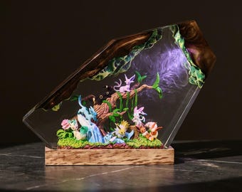 Magical Forest Creatures Resin Lamp | Kawaii Anime Diorama Night Light | Epoxy Art Decor | Gamer Desk Decor | Fantasy Gift for Her