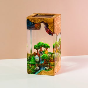 VILLAGE LANDSCAPE Harzlampe, Epoxidharz-Kunst, handgemachtes Harz-Holz, personalisiertes Geschenk für Dekor Haus Bild 3