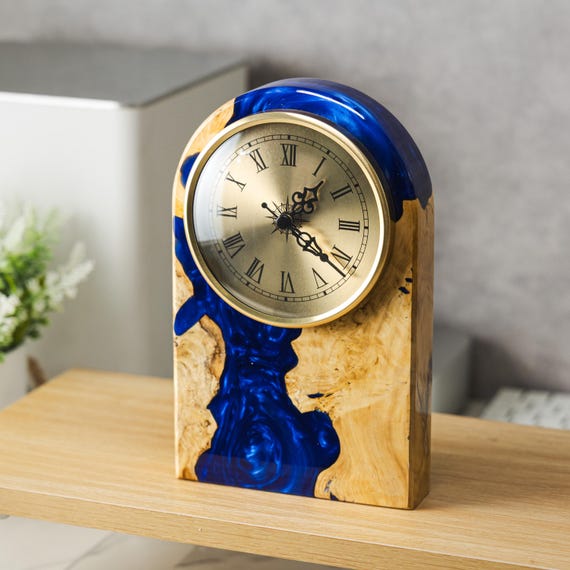 Reloj de escritorio azul de madera y resina epoxi, reloj de
