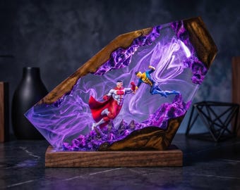 Epic Superhero Battle Resin Lamp, Epoxy Resin Light, Handmade Father and Son Diorama, Unique Gift For Him, Father's Day Gift