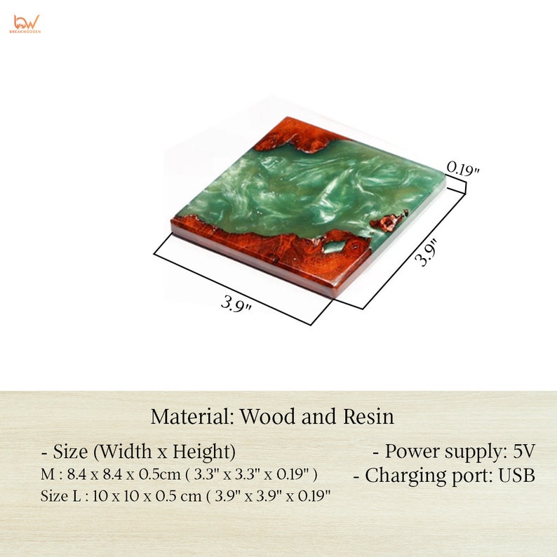 May include: Square wooden coaster with a green resin design and a reddish-brown wood border. The coaster measures 3.9 inches by 3.9 inches and 0.19 inches thick. The material is wood and resin.