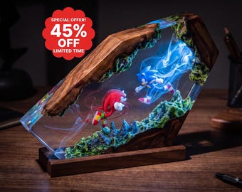 Sonic and Knuckles Resin Lamp, Epoxy Wood Night Light for Gamers, Custom Anime Diorama, Desk Lamp Decor, Unique Video Game Gift for Kids