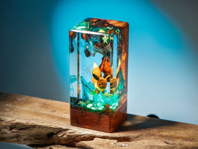 PIKACHU Pokemon Epoxy Lamp, Custom Epoxy Resin Lamp, Resin and Wood Night Light, Custom Night Light, Personalized Night Light Evee