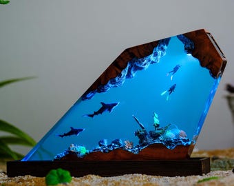 Lamp scuba diver ocean, shark lamp resin,  epoxy wood, custom resin epoxy lamp, blue ocean lamp, Handmade gift, Gifts for girlfriend