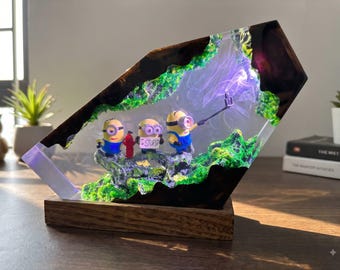 Minion Epoxy Resin Lamp, Custom Resin Diorama Night Light, Handmade Cartoon Desk Lamp, Unique Gift for Kids, Bedroom Decor