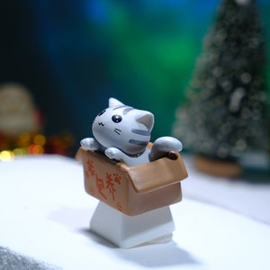 May include: A gray and white striped cat figurine peeks out of a brown cardboard box. The box has Chinese characters printed on it. The figurine is mounted on a white base, with a blurred green and blue background.