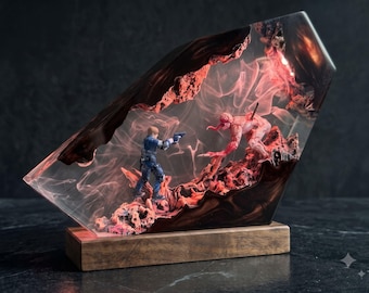 Zombie Hunter Diorama Resin Lamp, Custom Epoxy Night Light, Gamer Desk Decor, Unique Video Game Room Setup, Gift For Him, Halloween Gift
