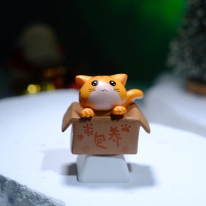 May include: A small, orange and white cat figurine peeks out of a brown cardboard box. The box is mounted on a white base. The box has Chinese characters and paw prints printed on it. The cat has black eyes and whiskers.
