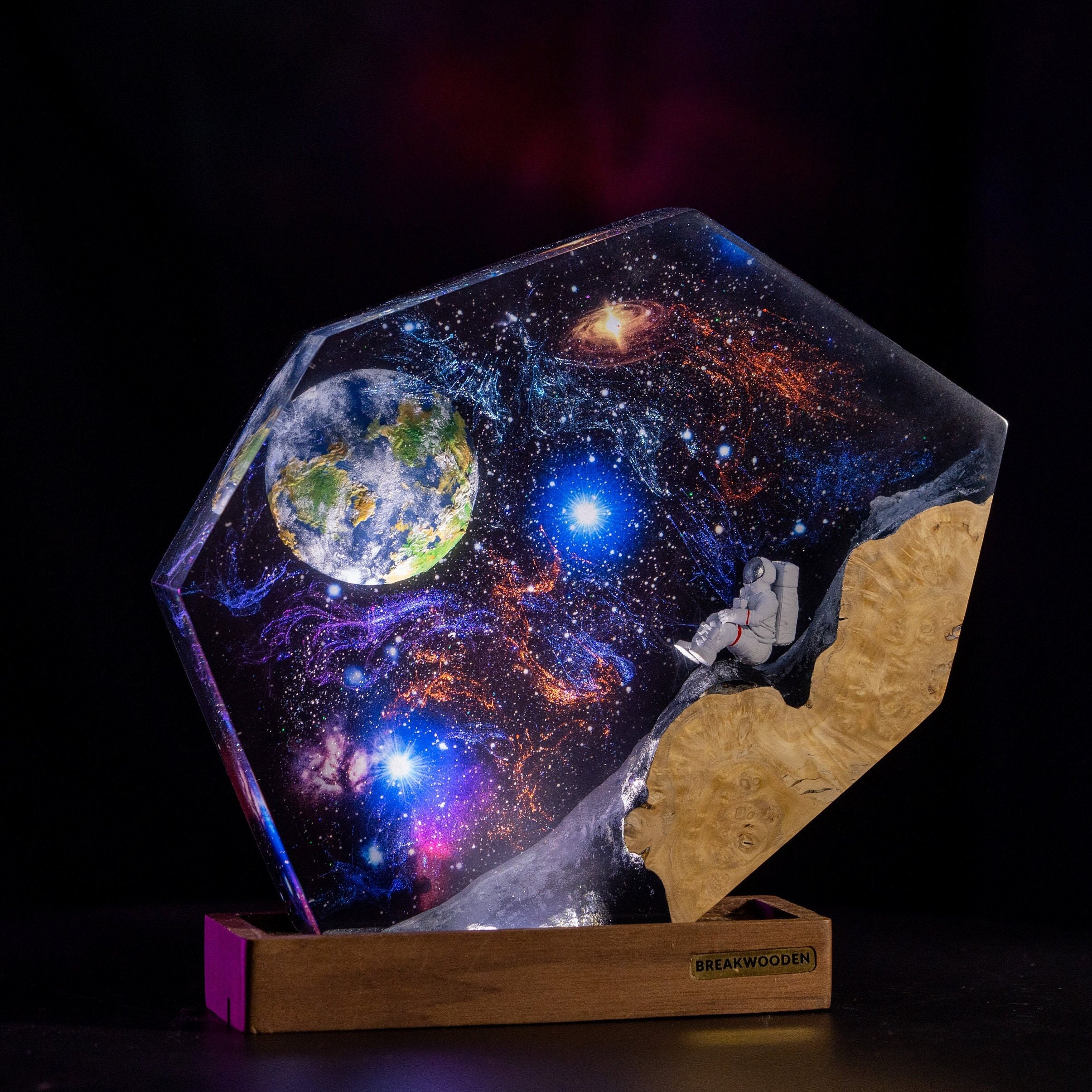 INTERSTELLAR EPOXY LAMP, Space Galaxy Resin and Wood Night Light