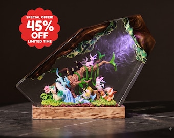 Magical Forest Creatures Resin Lamp | Kawaii Anime Diorama Night Light | Epoxy Art Decor | Gamer Desk Decor | Fantasy Gift for Her