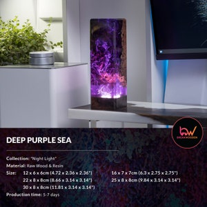 May include: A rectangular Night Light made of raw wood and resin, with a Deep Purple Sea design. The lamp features a glowing purple and pink interior, encased in a dark wood exterior. Available in various sizes, including 4.72 x 2.36 x 2.36 inches.