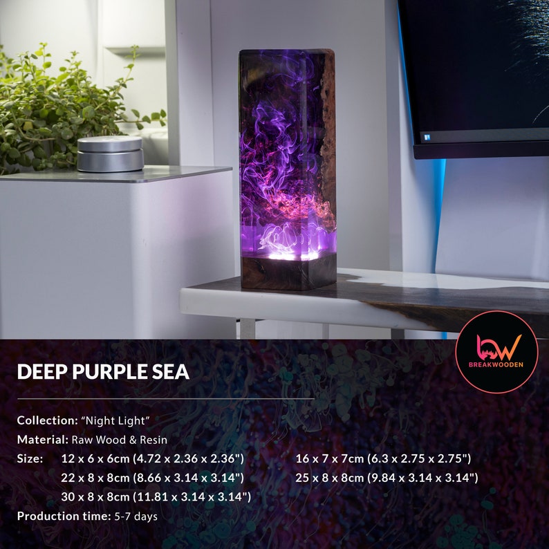 May include: A rectangular Night Light made of raw wood and resin, with a Deep Purple Sea design. The lamp features a glowing purple and pink interior, encased in a dark wood exterior. Available in various sizes, including 4.72 x 2.36 x 2.36 inches.