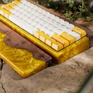 Yellow Opal Lava Wood Case Mechanical Keyboard, Wrist Rest, Keyboard Wrist Rest, Wrist Rest Keyboard, Resin Wrist Rest, Keyboard Case