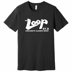 May include: Black t-shirt with a white graphic of "The Loop 97.9 Chicago's Classic Rock"