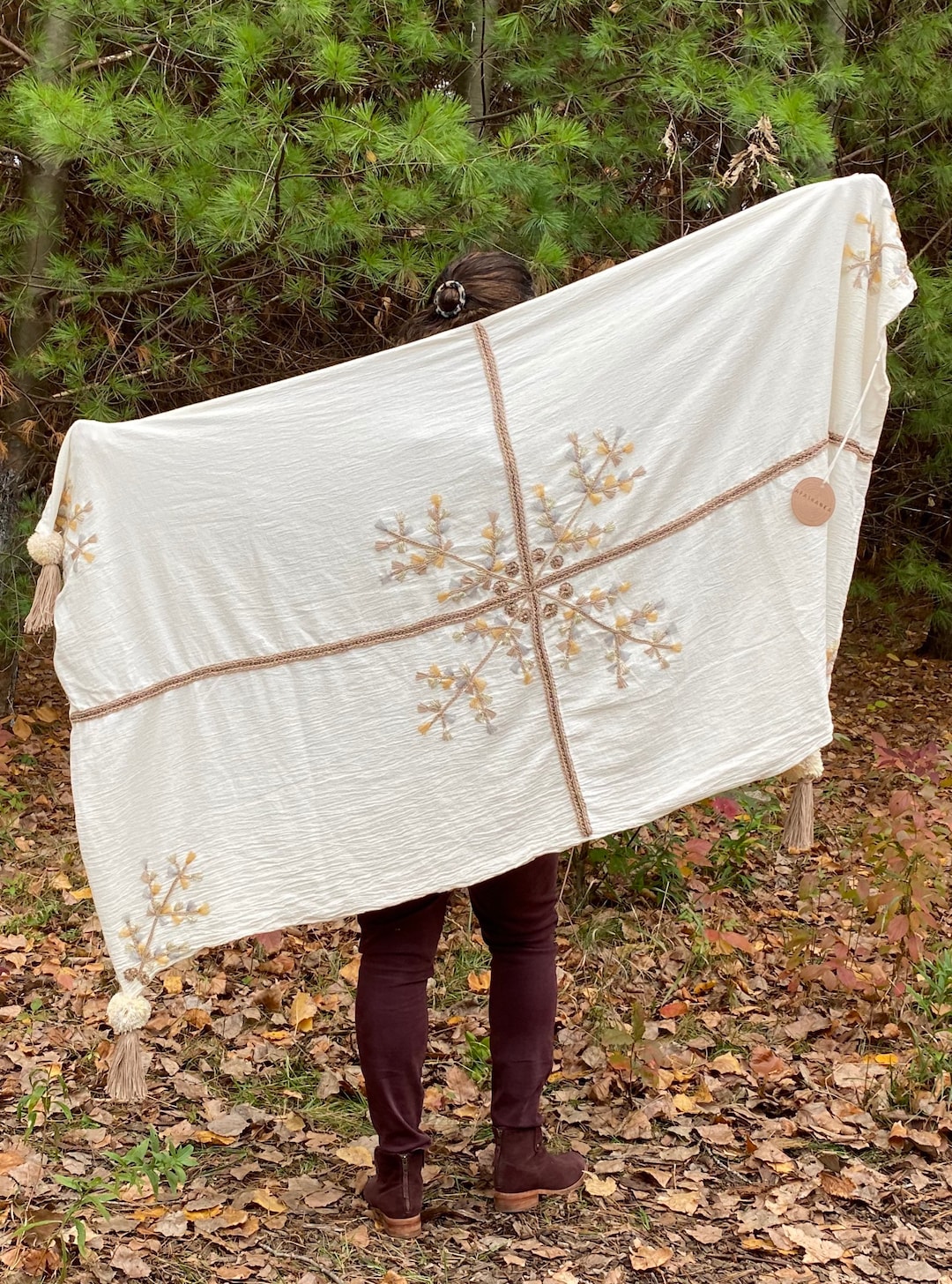 Châle Pashmina Népalais - Vert Laurier - 198x72 Cm - Tissu Doux Acrylique/viscose - Franges - Pour Soirée, Mariage, Cadeau - 5