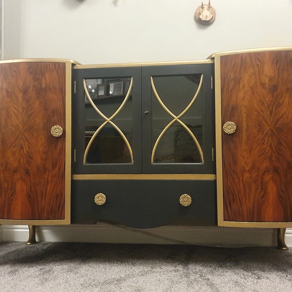 SOLD CAN RECREATE - Vintage art deco walnut burr sideboard/ Drinks cabinet with curved doors. Handpainted in black and gold.