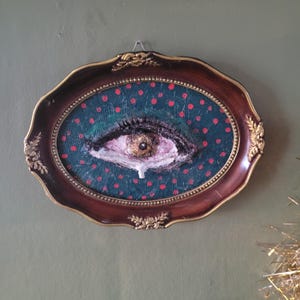 handmade eyeball wall art, eye on wood frame, sad eyes picture, handcrafted crying eye in frame,