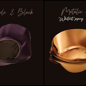 May include: Two satin bonnets displayed side by side. The left bonnet is purple with black lining and gold piping, labeled 'Purple & Black'. The right bonnet is metallic gold with white piping, labeled 'Metalic Gold'. The logo 'BY LUPO' is in the corner.