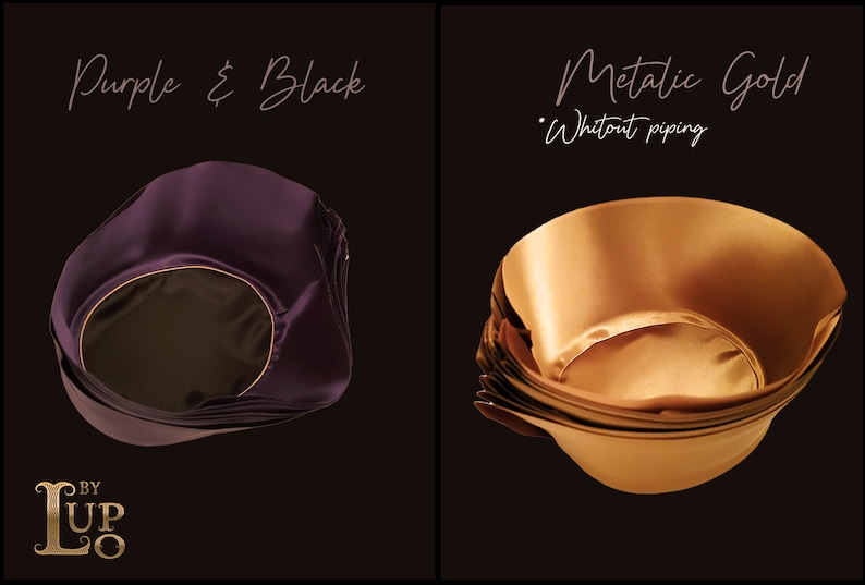 May include: Two satin bonnets displayed side by side. The left bonnet is purple with black lining and gold piping, labeled 'Purple & Black'. The right bonnet is metallic gold with white piping, labeled 'Metalic Gold'. The logo 'BY LUPO' is in the corner.