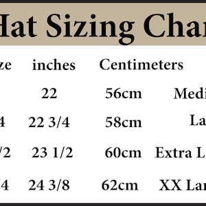 Peut inclure: Tableau des tailles de chapeaux avec des mesures en pouces et en centim&egrave;tres. Les tailles comprennent 7, 7 1/4, 7 1/2 et 7 3/4. Les tailles correspondantes sont Medium, Large, Extra Large et XX Large.
