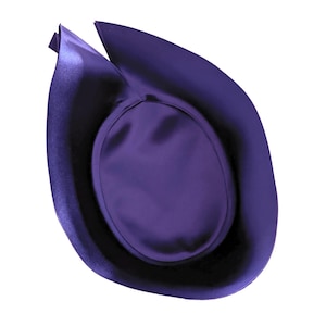 May include: A deep purple satin hat with a wide brim and a rounded crown. The hat has a smooth, shiny texture and a classic, elegant design. The hat is likely for formal events or costumes.