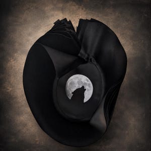 Pu&ograve; includere: Un cappello nero a tesa larga con una corona circolare caratterizzata da una stampa grafica di una luna piena e la sagoma di un lupo che ulula. La tesa presenta strati di tessuto strutturati e piegati, creando un aspetto scultoreo.