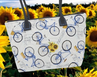 Quilted Bicycle Handbag, Bikers Tote Bag Sunflowers