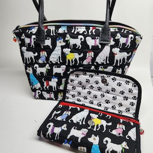 Lindo bolso de mano acolchado con perros y billetera triple a juego, regalo para amantes de los perros