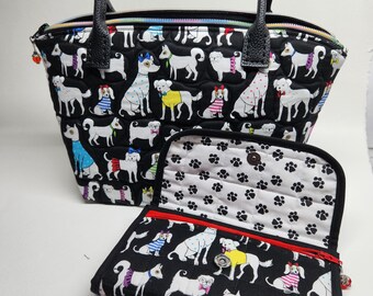 Cute Dogs Quilted Handbag with Matching Tri-fold Wallet, Dog Lover Gift