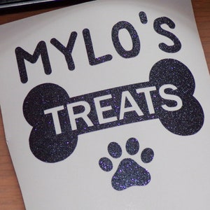 Dog Food Treats, Personalised vinyl sticker with your dogs name to apply to their treat jar