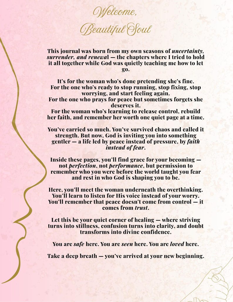 以下が含まれることがあります： 「Welcome, Beautiful Soul」と書かれた日記。ピンク色の背景に書かれたテキストは、自己反省、信仰、そして心の平和を見つけるためのガイダンスを提供しています。デザインには様式化された女性のプロフィールが含まれています。