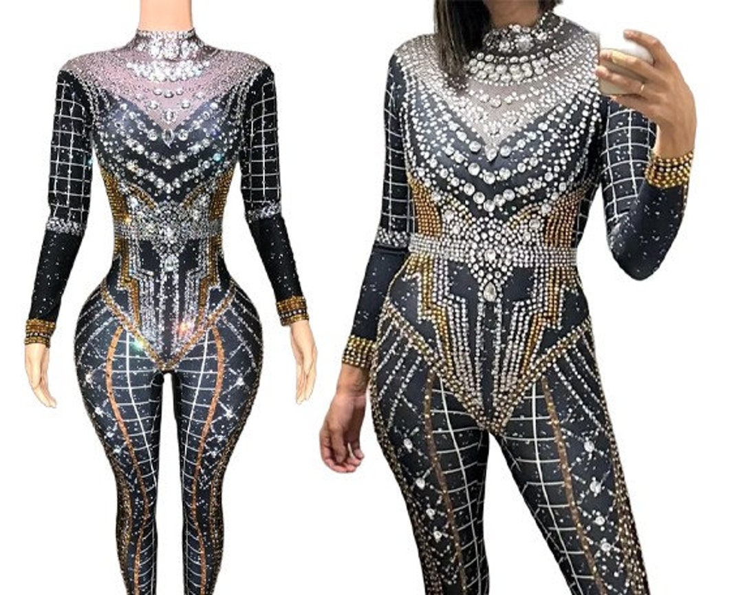 Mirror Jumpsuit Crystal Catsuit Festival Outfit Rhinestones Etsy