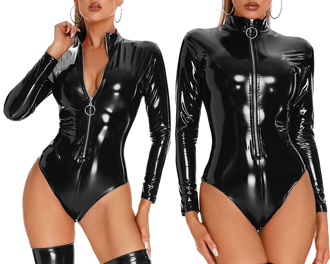 latex catsuit neck entry bodysuit 3D breast with gloves socks two