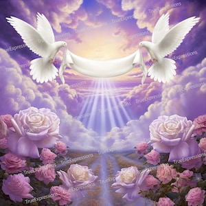 Sweet Rose II, AI Art, Christian, Funérailles, Blanc, Roses, Rose, Violet, Colombes, Ciel, Fleurs, Téléchargeable numérique, Téléchargement PNG instantané