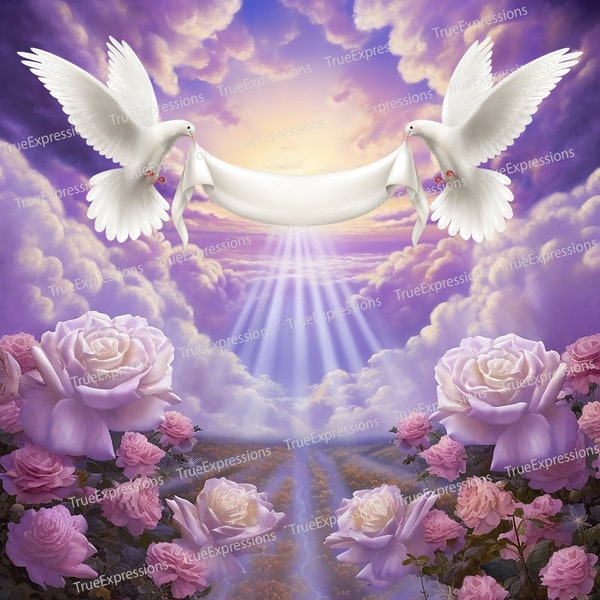 Sweet Rose II, AI Art, Christian, Funeral, White, Roses, Pink, Purple, Doves, Heaven, Flowers, Digital Downloadable, Instant PNG Download