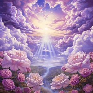 Douce rose, art IA, chrétien, enterrement, blanc, roses, rose, violet, paradis, fleurs, numérique téléchargeable, téléchargement PNG instantané