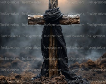 Cross Draped in Black, Cross with Black Scarf, Crucifixion, Good Friday, Christian, Jesus, AI Digital Downloadable, Instant PNG Download