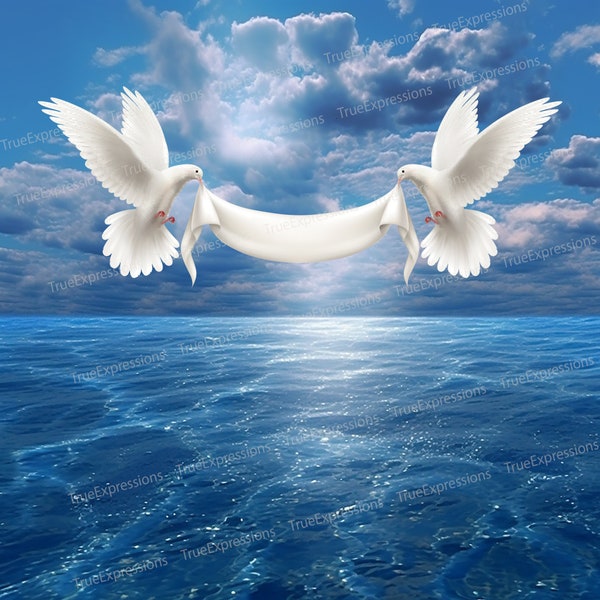 Celestial Shore II, AI Art Christian Funeral Memorial White Blue Doves Water Clouds Background Digital Downloadable, Instant PNG Download