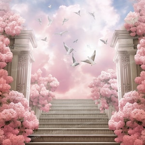 Hortensias commémoratifs VI, AI Art, Chrétien, Funérailles, Nuages, Fleurs roses, Escaliers, Colombes, Ciel, Téléchargeable numérique, Téléchargement PNG instantané