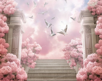 Memorial Hydrangeas VI, AI Art, Christian, Funeral, Clouds, Pink Flowers, Stairs, Doves, Heaven, Digital Downloadable, Instant PNG Download