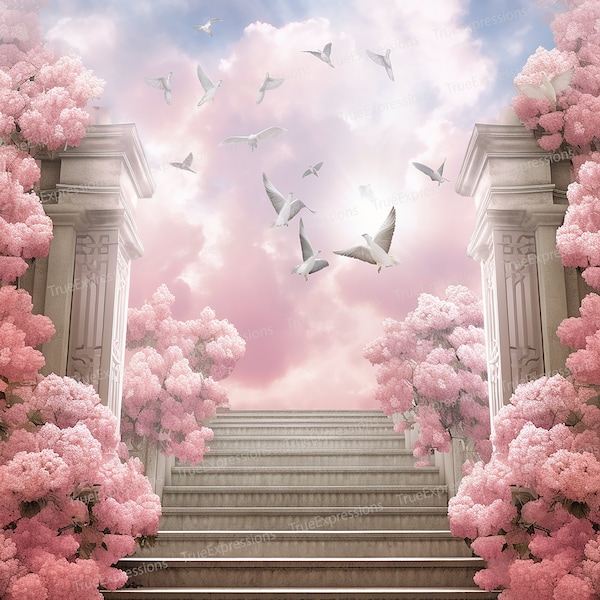 Memorial Hydrangeas VI, AI Art, Christian, Funeral, Clouds, Pink Flowers, Stairs, Doves, Heaven, Digital Downloadable, Instant PNG Download