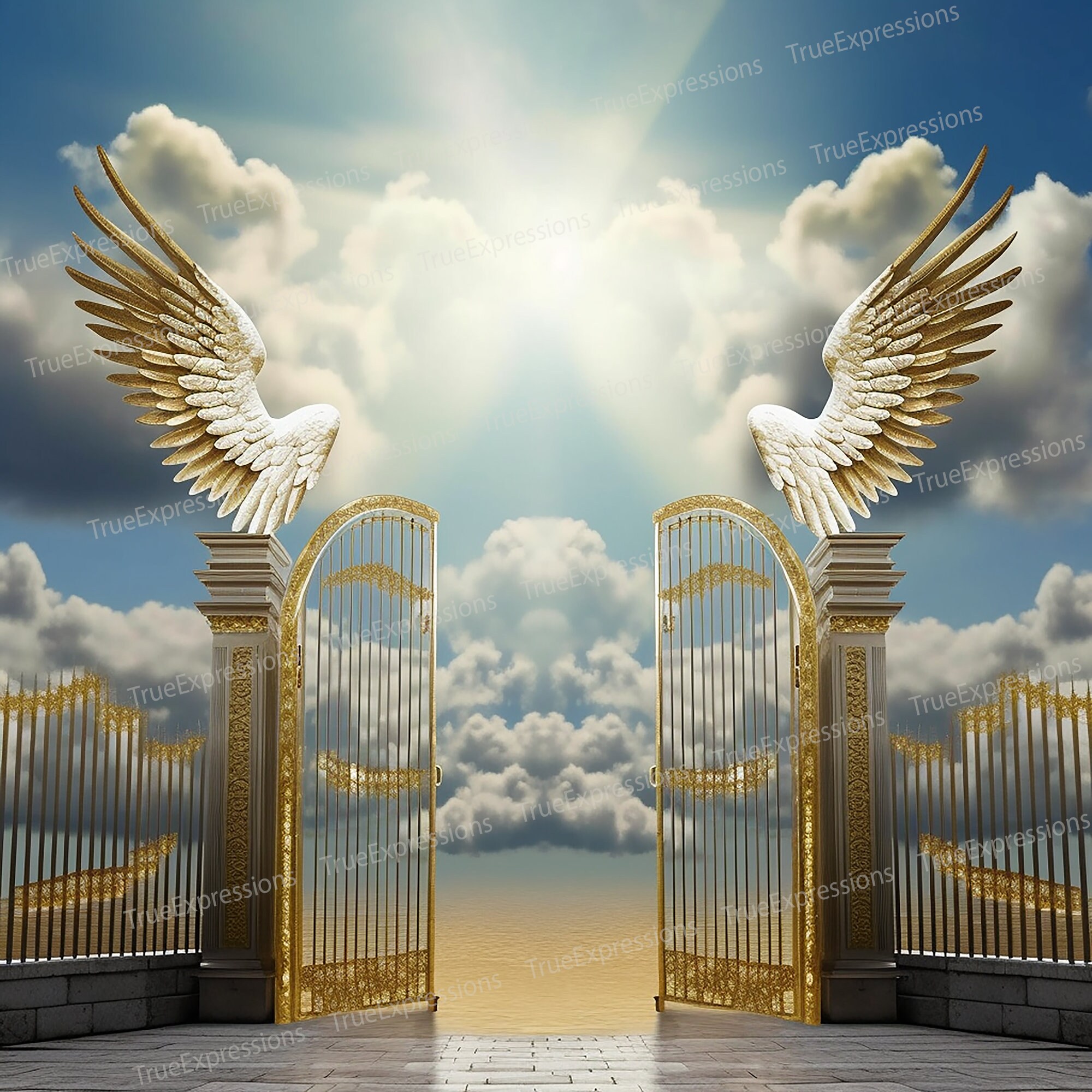 Golden Angel Wings Gate Art: Christian Memorial PNG (digital